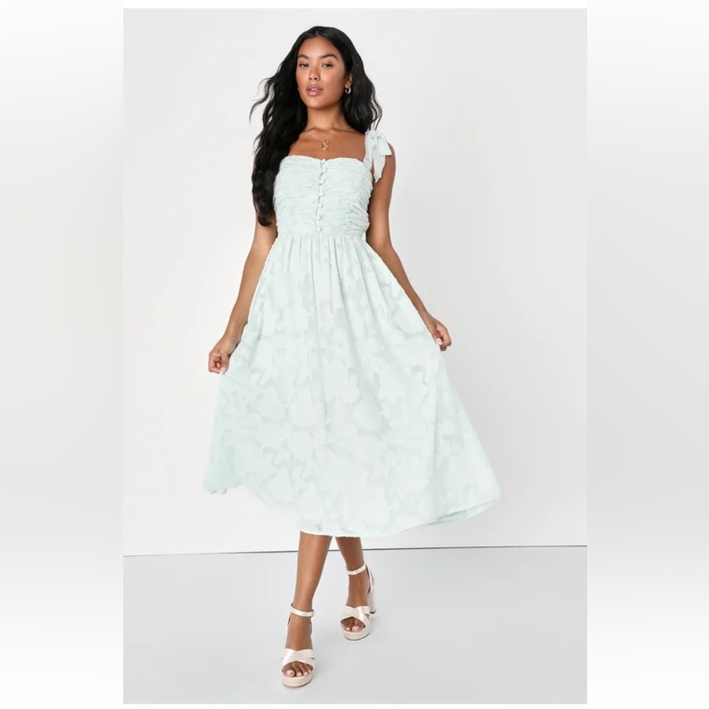 LULUS Radiant Delight Sage Green Burnout Ruched Midi Dress